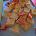 chopped up pumpkin and butternut squash ready for the soup